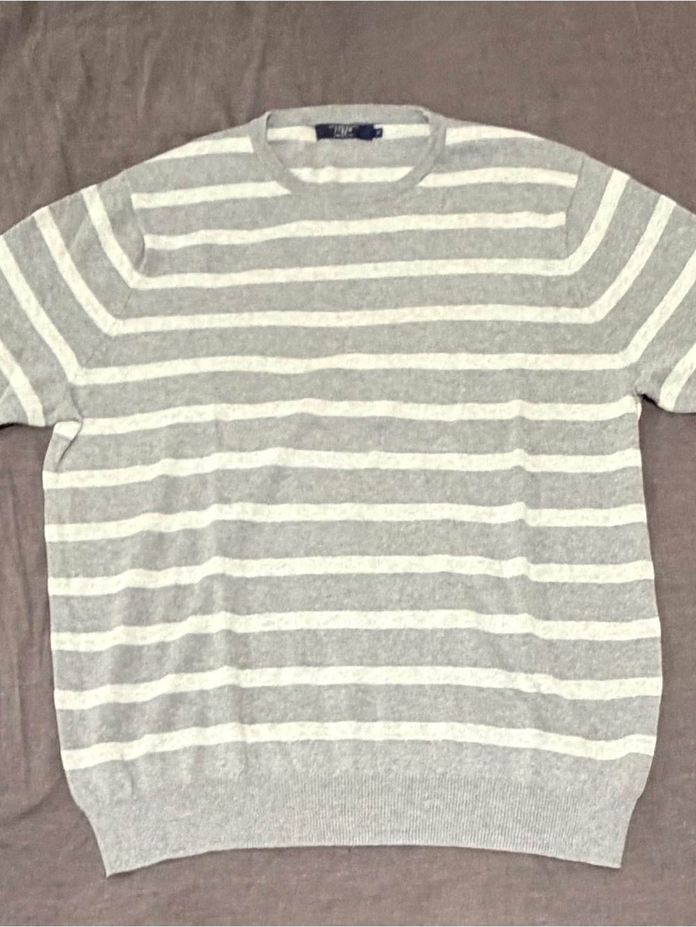 J. Crew Men's Light Gray and White Striped Crewneck Sweater